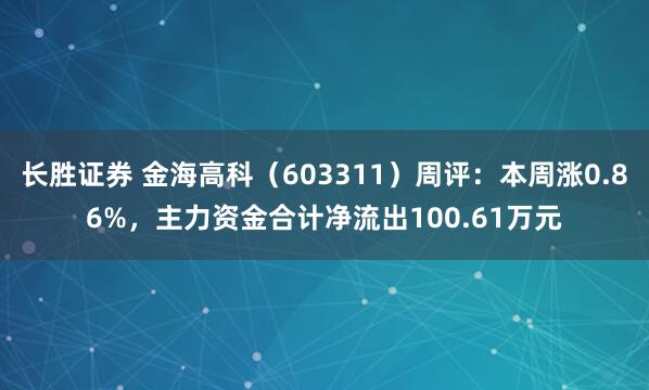 长胜证券 金海高科(603311)周评:本周涨0.86%,主力资金合计净流出100.61万元